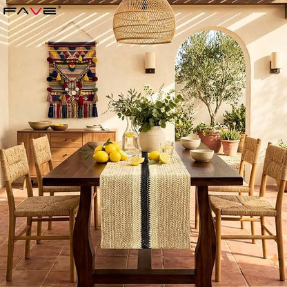 72-Inch Brown Paper Woven Table Runner - Rustic Burlap Style, Variation: Black Striped