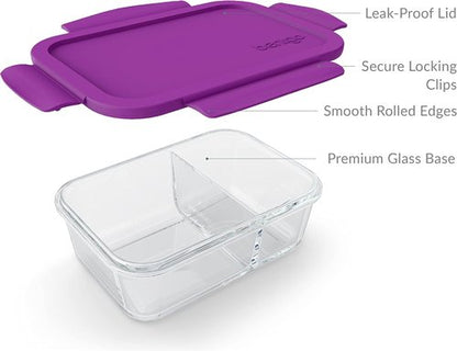 Bentgo® Glass Snack Container - Leak-Proof, Airtight, 2-Compartment Design - 1.75 Cup Capacity (Purple)