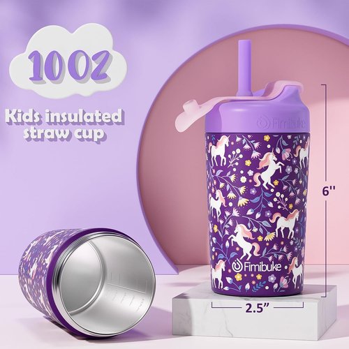 Fimibuke Kids' Insulated Straw Cups - 10 OZ Spill-Proof, Leak-Proof Design | 2 Pack with Silicone Straw