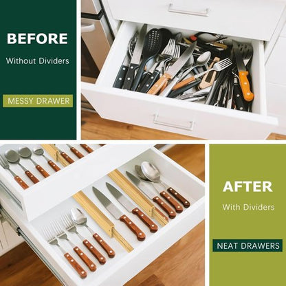 Lzerking Bamboo Drawer Organizers - Adjustable 6 Pack | Expandable Utensil Dividers (17-22")