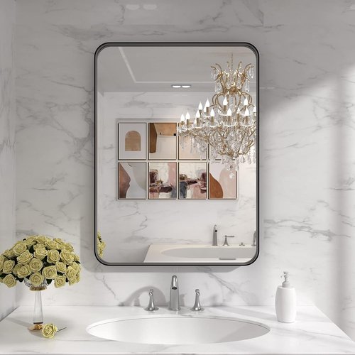 LOAAO Black Metal Framed Bathroom Mirror - 22x30 Inch Rounded Rectangle, Anti-Rust, Versatile Hanging Options