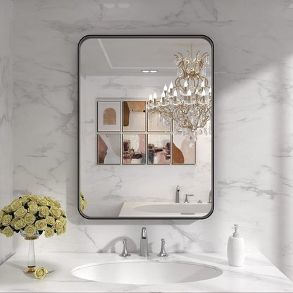 LOAAO Black Metal Framed Bathroom Mirror - 22x30 Inch Rounded Rectangle, Anti-Rust, Versatile Hanging Options