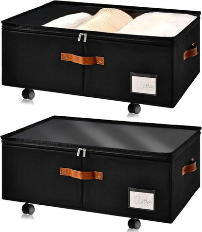 Freebat Under Bed Storage Organizer - Clear Lid Container with Wheels | 2-Pack for Clothes & Bedding