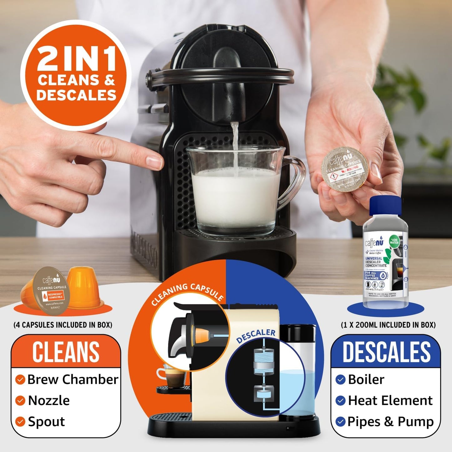 Nespresso Descaling Kit & Cleaning Pods - 2 Use Solution + 4 Cleaner Pods for Better Tasting Coffee