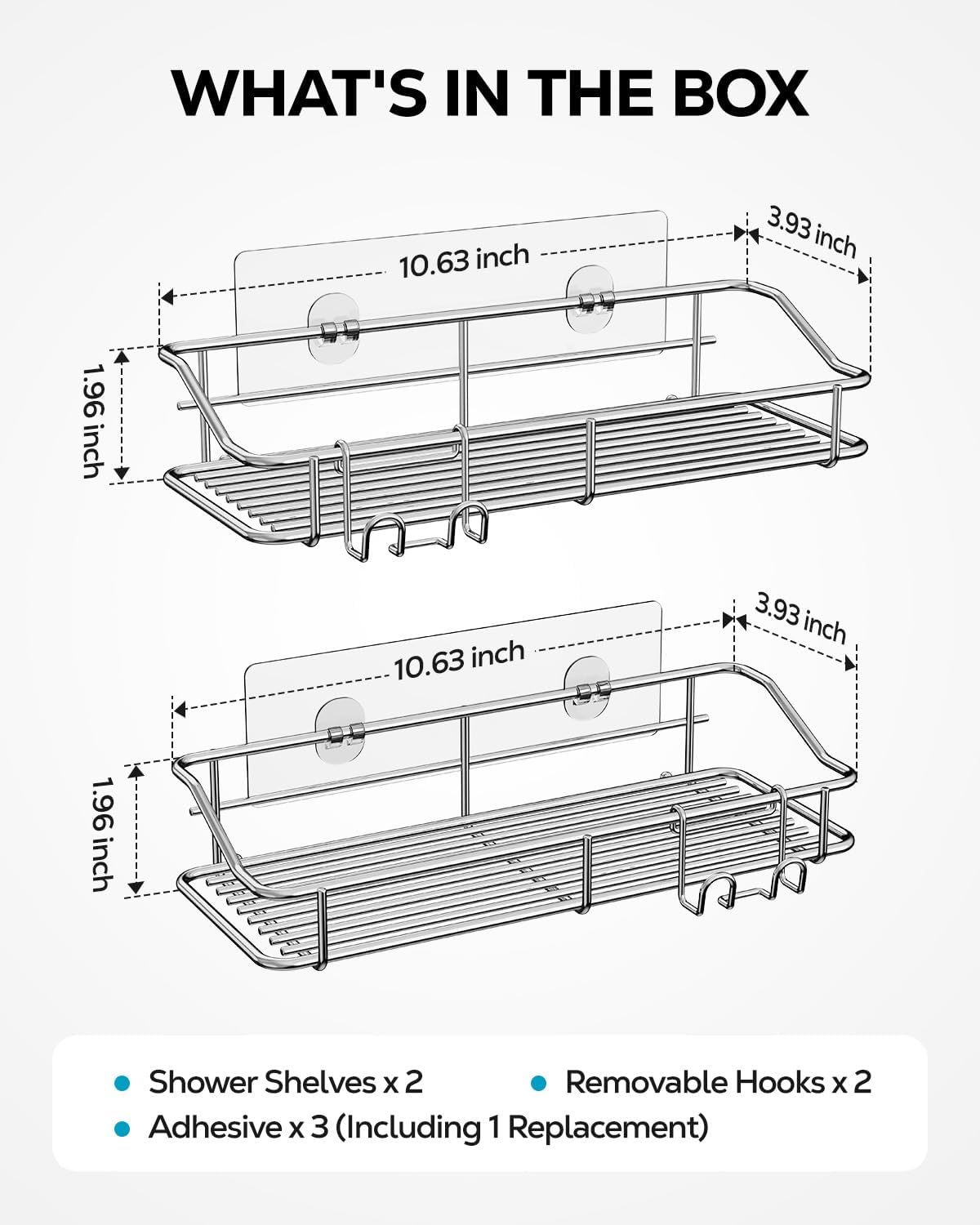 Nieifi Shower Caddy Shelf | Adhesive Stainless Steel Storage Rack with Hooks - 2 Pack for Bathroom & Kitchen