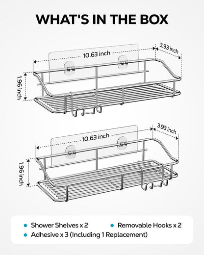 Nieifi Shower Caddy Shelf | Adhesive Stainless Steel Storage Rack with Hooks - 2 Pack for Bathroom & Kitchen