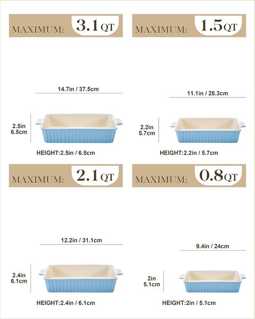 MALACASA Bakeware Set - 4-Piece Porcelain Baking Pans for Oven | Blue Casserole & Lasagna Dishes (9.4" - 14.7")