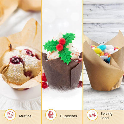 Baker’s Signature Tulip Cupcake Liners - 200 Pcs Sturdy Greaseproof Muffin Baking Cups | Beige, White, Brown