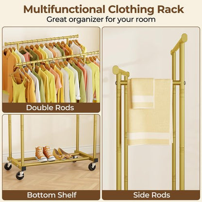 HYSEYY Double Rods Clothes Rack, Sturdy Rolling Clothing Rack, Portable Clothing Racks for Hanging Clothes - Metal Garment Rack Wardrobe Coat Rack for Bedroom Laundry Living Room, Gold