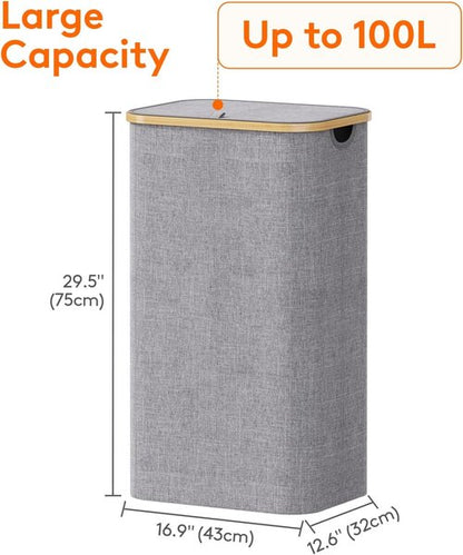 Lifewit 100L Laundry Basket - Foldable Hamper with Lid & Bamboo Handles | Light Gray, Removable Bag