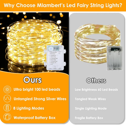 Mlambert 33FT Battery Operated Fairy Lights - Waterproof, Dimmable 100 LEDs with Remote & Timer
