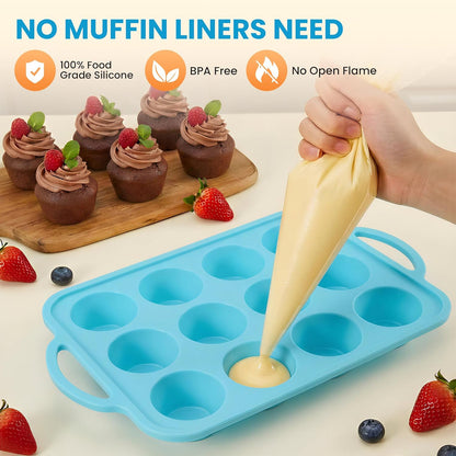 Skiennix Silicone Muffin Pan - 12-Cup BPA-Free Baking Tray with Metal Reinforced Frame | Blue