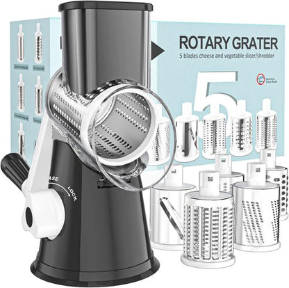 Cambom 5-in-1 Rotary Cheese Grater - Hand Crank Shredder for Fresh Cheese, Veggies & Nuts | Non-Slip Base, Black