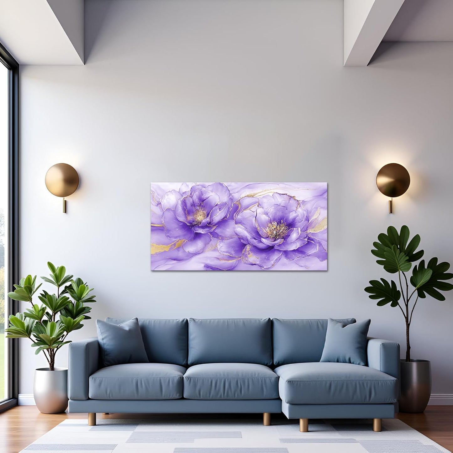 Sechars Abstract Flower Wall Art - Purple and Gold Floral Canvas Print, 20" x 40"