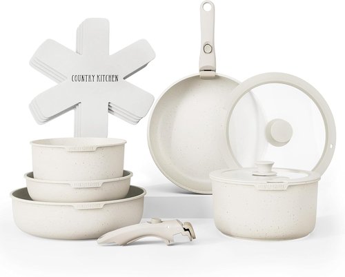 Country Kitchen Cookware Set - Removable Handle, Oven & RV Safe Pots and Pans, Cream Finish