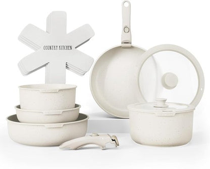 Country Kitchen Cookware Set - Removable Handle, Oven & RV Safe Pots and Pans, Cream Finish