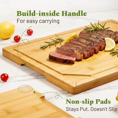 Kikcoin Bamboo Cutting Boards - 3-Piece Kitchen Set with Non-Slip Feet & Juice Grooves | Knife-Friendly Design