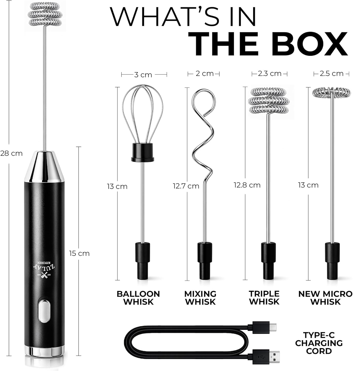 Zulay Kitchen Rechargeable Milk Frother - Handheld Electric Drink Mixer with 3 Whisk Attachments | USB-C Charging, Lasts 6 Months
