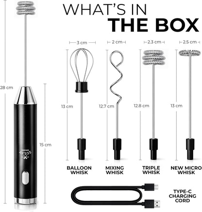 Zulay Kitchen Rechargeable Milk Frother - Handheld Electric Drink Mixer with 3 Whisk Attachments | USB-C Charging, Lasts 6 Months