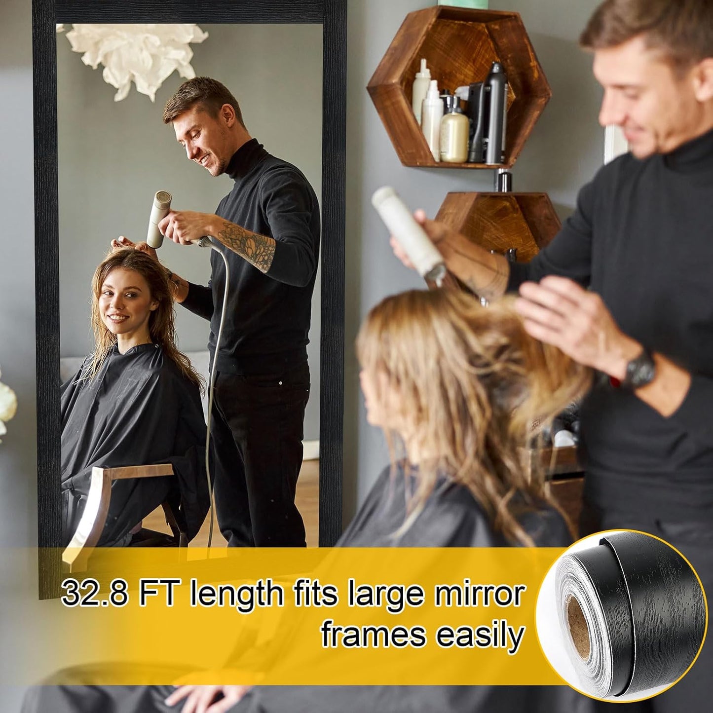 Skiennix Peel & Stick Black Wood Grain Wallpaper Border - Stylish Bathroom Mirror Frame | 32.8 FT x 3.93 Inch