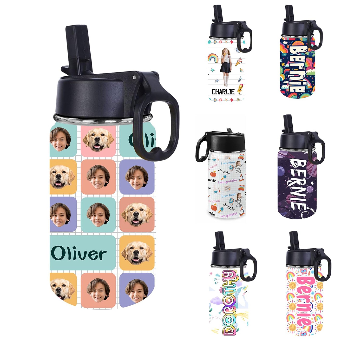 Personalized Kids Water Bottle with Straw for Boys Girls Custom Sports Water Cup with Kids Name Photo Customized Cute Water Bottle Gift for Grandchildren Toddler Children Birthday Back to School12oz