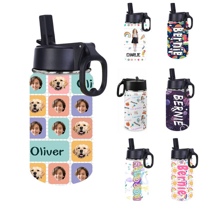 Personalized Kids Water Bottle with Straw for Boys Girls Custom Sports Water Cup with Kids Name Photo Customized Cute Water Bottle Gift for Grandchildren Toddler Children Birthday Back to School12oz