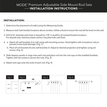 MODE Premium Collection Side Mount 1 1/8" Diameter Curtain Rod Set of Two with Matte Black End Cap Finials and Steel Wall Mounted 12” to 20” Adjustable Curtain Rods, Matte Black