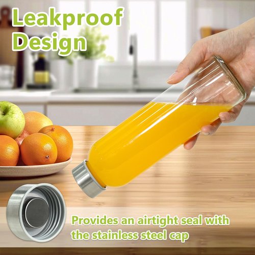 KEYWING 12Packs Glass Juice Bottles with Lids, 18oz Clear Juicing Bottle with Reusable Glass, Leak Proof Water Bottles with Airtight Stainless Steel Cap for Juice, Coffee, Beverage, Smoothies, Tea