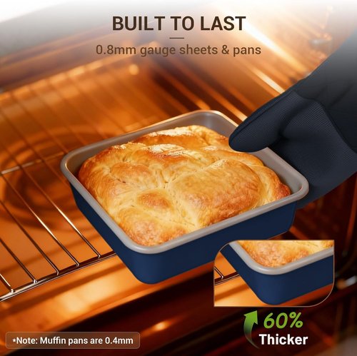 Ammeloo 22-Piece Non-Stick Baking Pans Set - Stackable Bakeware with Oven Mitts & Utensils | Gray & Navy Blue