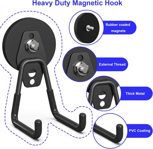 Heavy Duty Magnetic Utility Hooks by [Brand Name] - Anti-Slip Coating for Garage & Garden Tools | 3PCS, 2.59'' Black