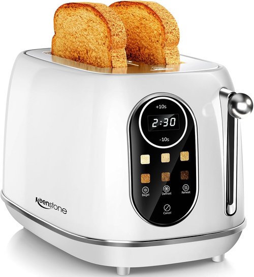 Keenstone Smart Touch Screen Toaster - Retro 2-Slice Stainless Steel with 6 Browning Levels | White