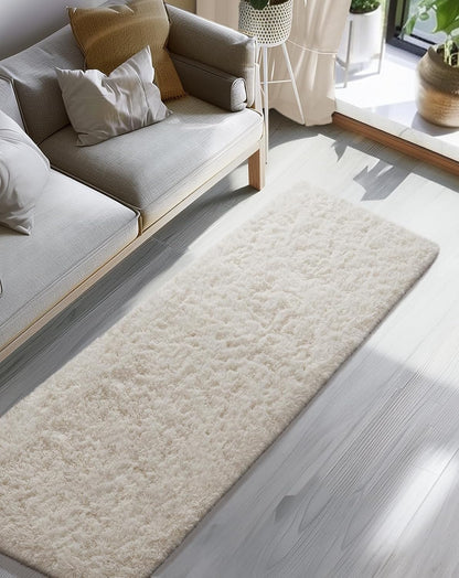 Ophanie 2x8 Runner Rug - Soft Non-Slip Ivory Shaggy Carpet for Hallway & Bedroom Decor
