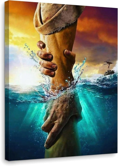 Framed Jesus Christ Canvas Wall Art - The Hand of God Reaching Into Water | 12" x 16" Christian Decor