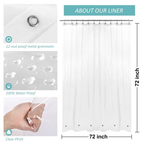 Mrs Awesome Extra Long Shower Curtain Liner with 6 Magnets 72 x 84 inch, Clear PEVA 8G Heavy Duty Thick Plastic Shower Curtain, Waterproof, 72x84