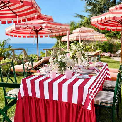 Red & White Striped Ruffle Tablecloth 80x120 In Waterproof Polyester - Birthday Wedding Dinner