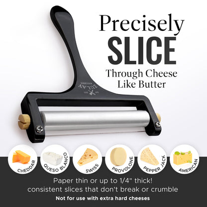 Zulay Kitchen Stainless Steel Wire Cheese Slicer - Adjustable Hand Held Cheese Cutter with 2 Extra Wires - Premium Cheese Shaver For Mozzarella, Cheddar, Gruyere - Cheese Cutter with Wire (Black)