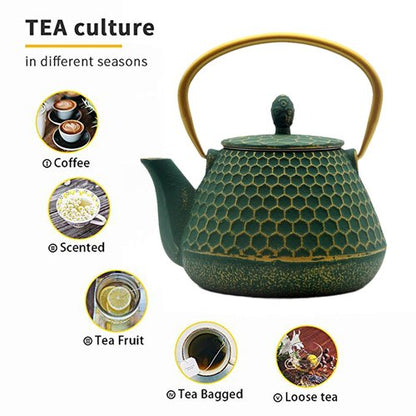 Cast Iron Tea Kettle Set, 33.8oz Hexagon Pattern Teapot Set with Cups, Teapot Coated with Enameled Interior, Durable Cast Iron Teapot Set with Stainless Steel Infuser