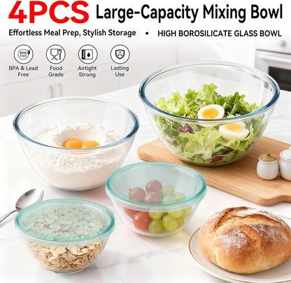 YUANYE Glass Mixing Bowls Set - 4 Pack with Lids | Thick, Nesting Kitchen Bowls for Cooking & Baking (3/1.7/0.9/0.6QT)