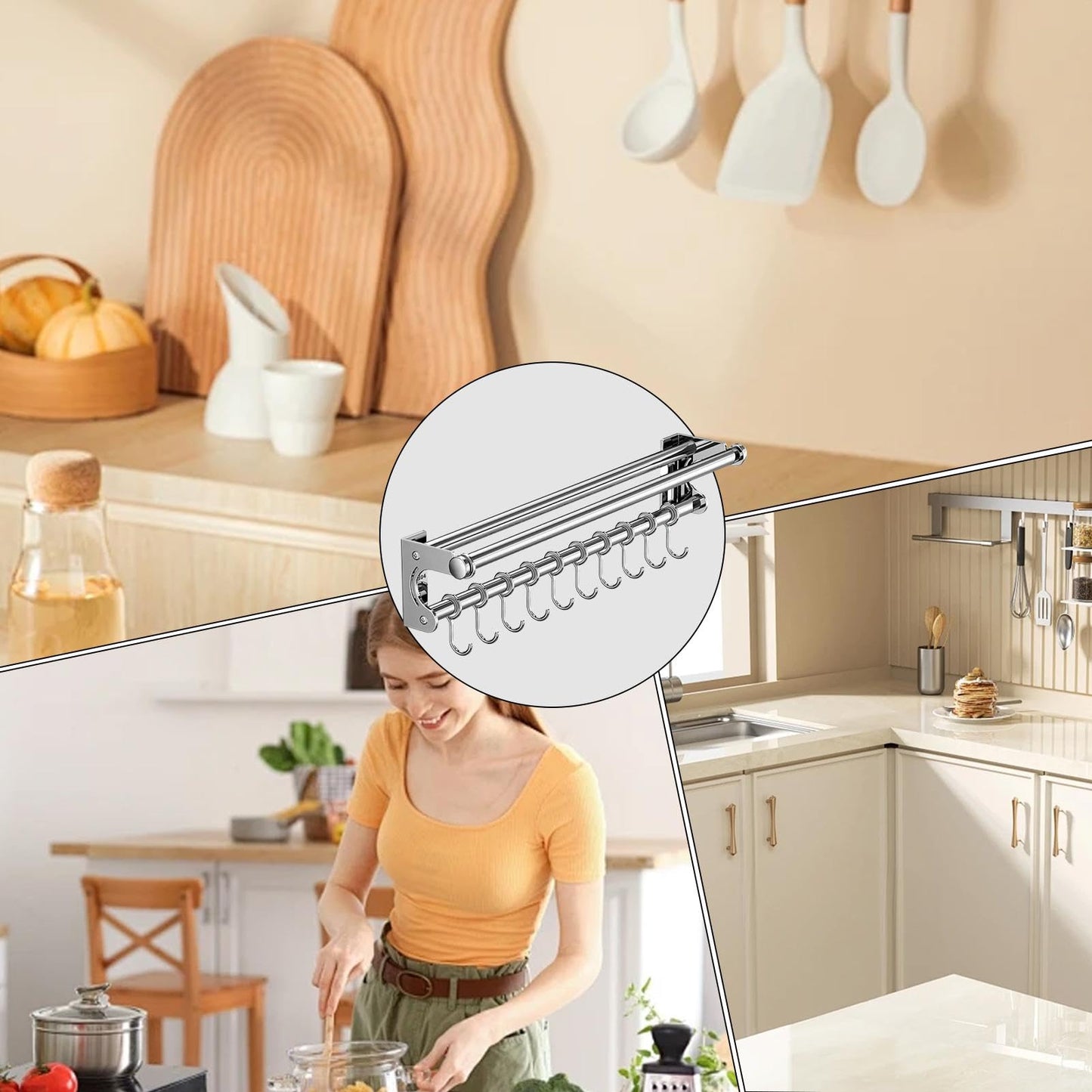 semofcen Kitchen Utensil Holder Hanger 30/40/50CM Stainless Steel Multifunctional Slide Rail Hook Space Saving Utensil Rack No Drilling Kitchen Rail for Hanging Cooking Utensils Mugs Spoons