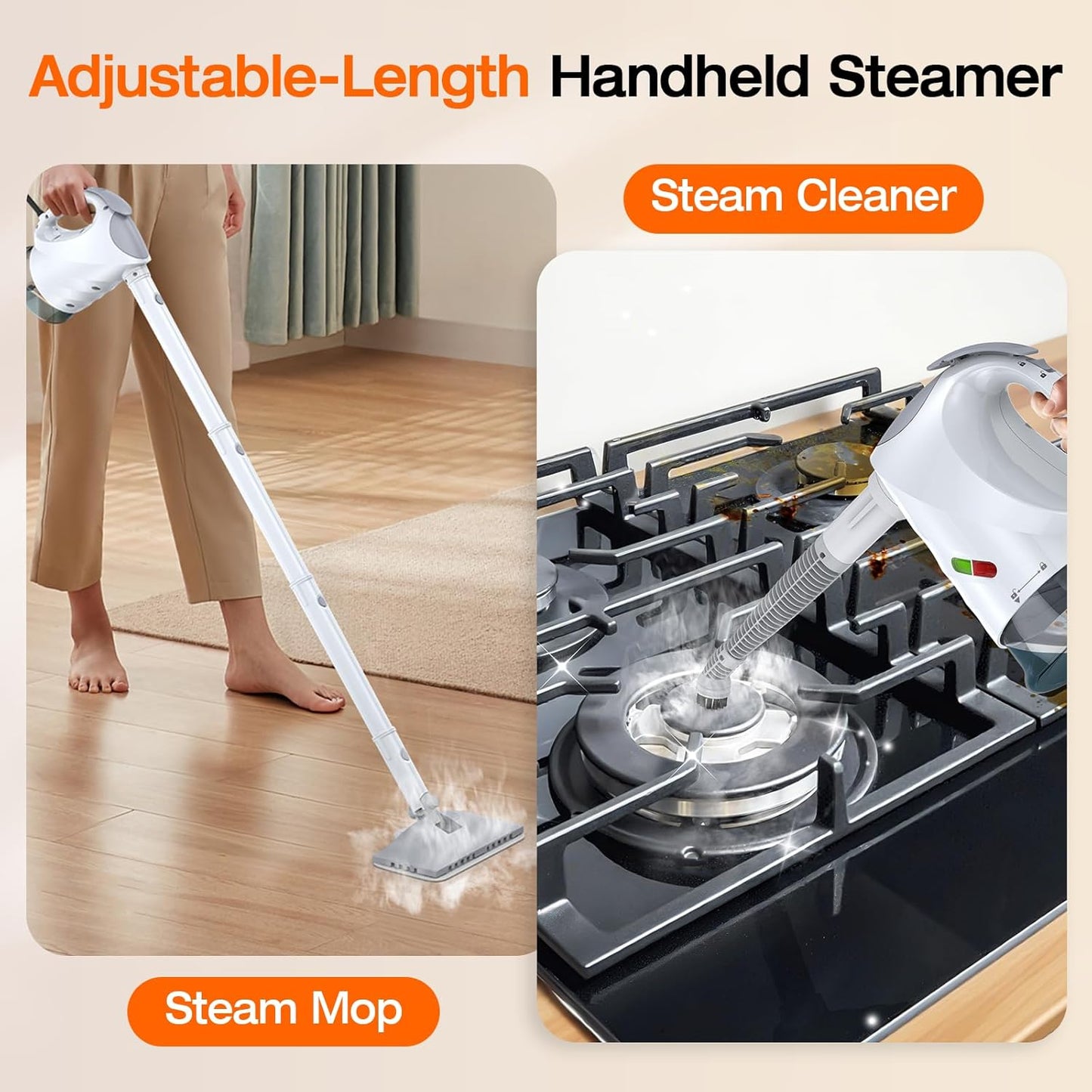 ScrubWiz 10-in-1 Steam Cleaner, Steam Mop & Detachable Handheld Steam Cleaner, 320ml Water Tank, 10s Fast Heating, Portable Steamer for Kitchen, Floor, Tiles, Window, BBQ Grill, Car, Bright White