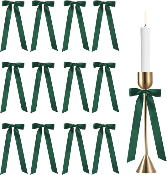 Skiennix 12 Pcs Hunter Green Satin Ribbon Bows - 10 Inch Decorative Gift Wrap & Candle Holder Accents