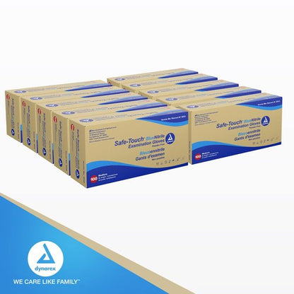 Dynarex Safe-Touch Disposable Nitrile Exam Gloves, Powder-Free, Latex-Free, Touchscreen Friendly, Used by Professionals, Blue, Medium, 1 Case, 10 Boxes of 100 Gloves
