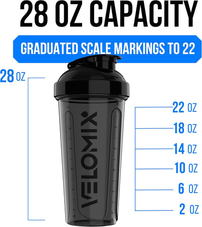 Velomix Protein Shaker Bottles - 28 oz Leak Proof Design with 2 Wire Whisks | 2-Pack (Black/Transparent)