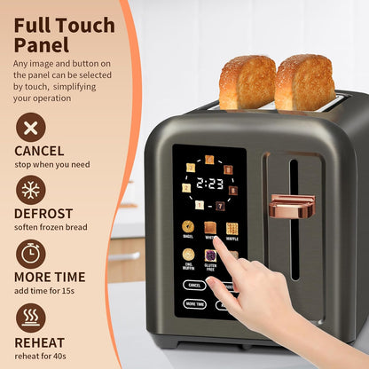 SEEDEEM 2-Slice Toaster - Touch Control LCD Display, 50% Faster Heating, 1.4'' Wide Slots, Dark Metallic