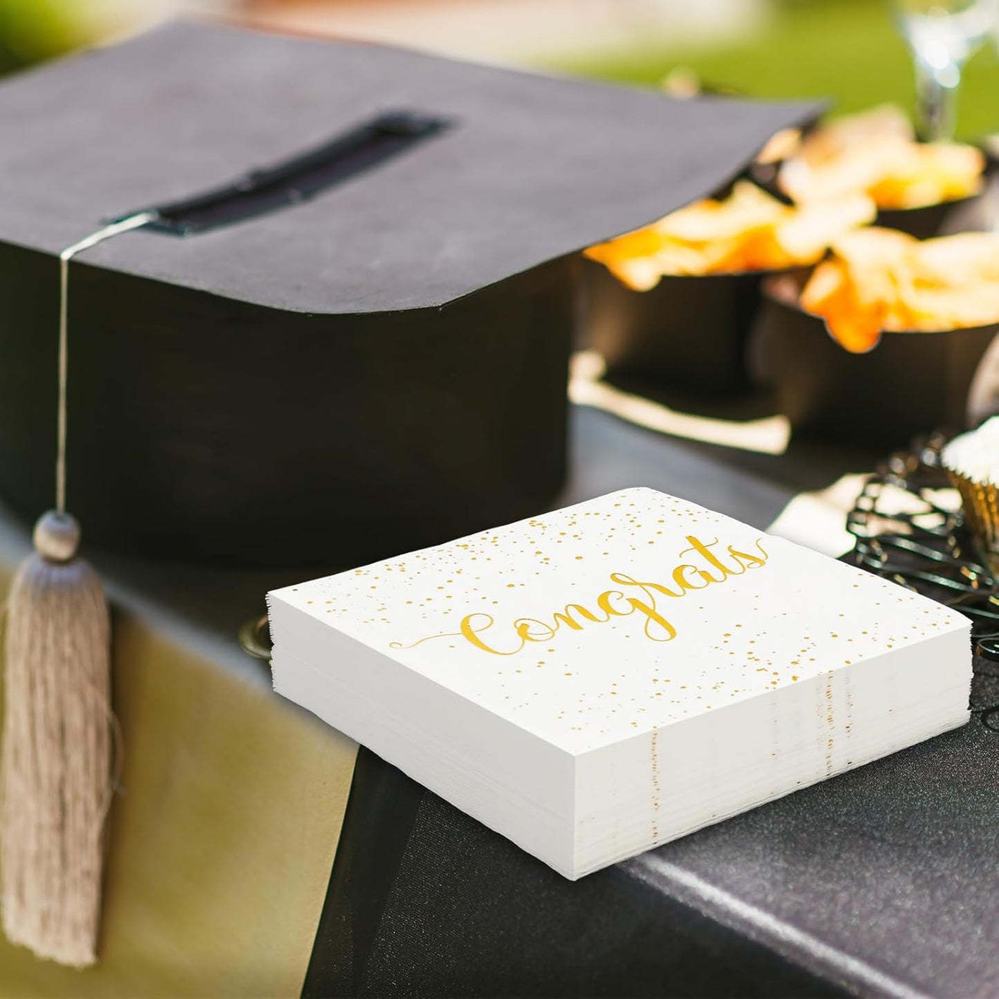Whaline Cocktail Napkins - 80 Pcs White Gold Foil Congrats Design for Graduation & Celebrations