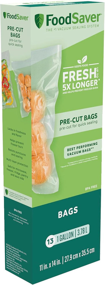 FoodSaver 1-Gallon Vacuum Seal Bags - BPA-Free Multilayer for Food Preservation & Sous Vide, 13 Count | Clear