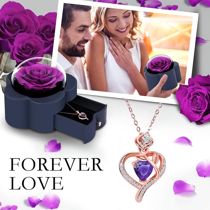 Preserved Rose with Heart Necklace Gift — Purple ONE ROSE