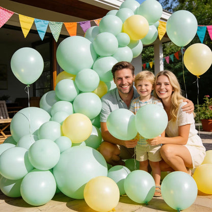 Skiennix Pastel Green Balloons - 12 Inch Latex Balloons for Birthday Parties & Baby Showers | 110 Pack with Ribbons