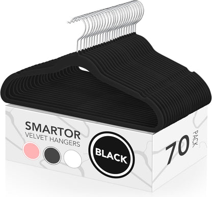 Smartor Velvet Hangers - 70 Pack Black Non-Slip Heavy Duty Felt Hangers for Coat Storage | 360° Rotating Hook