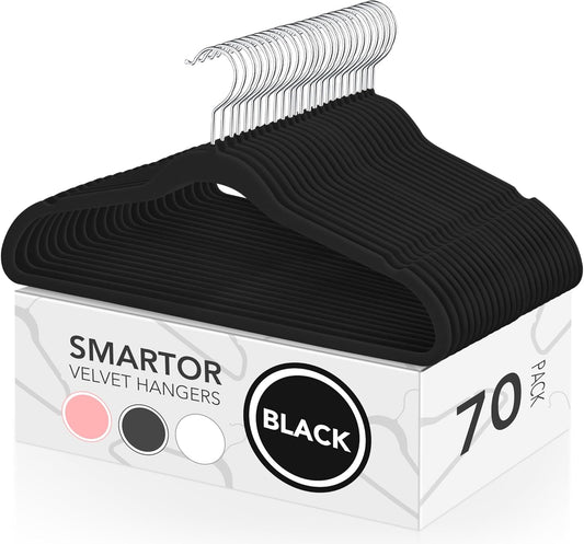 Smartor Velvet Hangers - 70 Pack Black Non-Slip Heavy Duty Felt Hangers for Coat Storage | 360° Rotating Hook